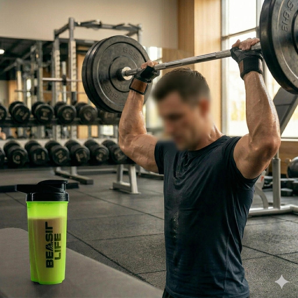 A fit man performing a barbell overhead press in a gym with a neon green Beast Life shaker bottle in the foreground.