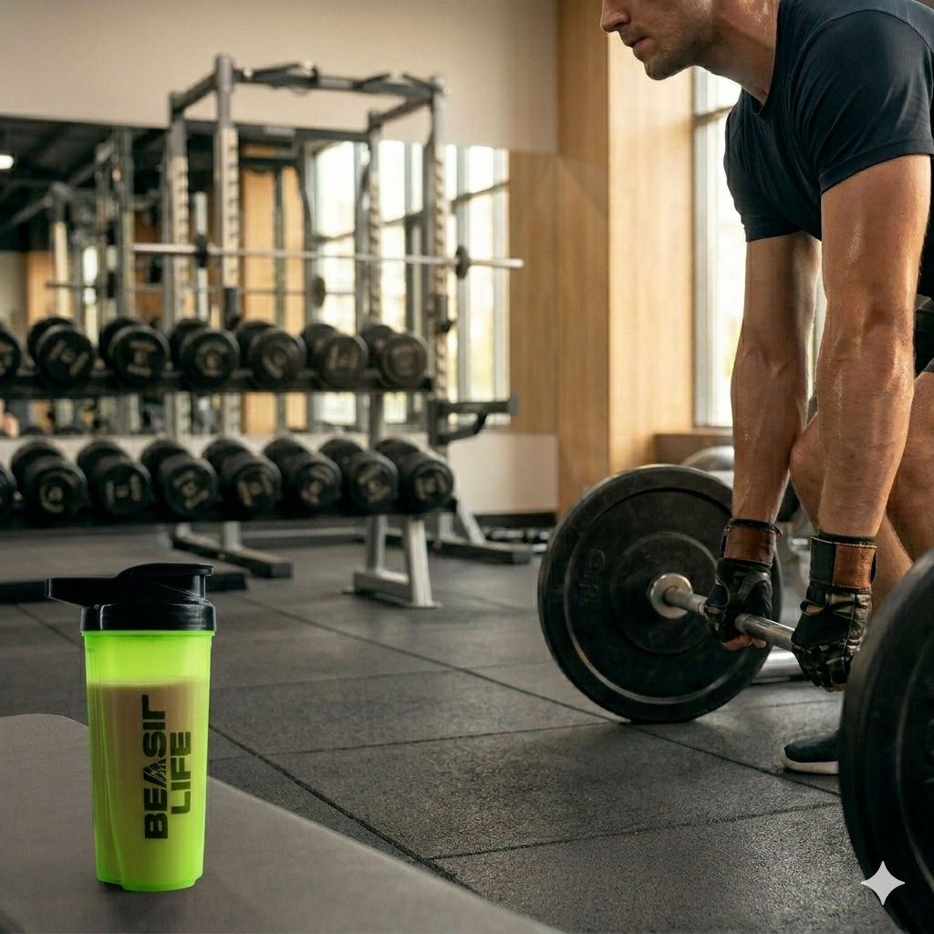 Close-up of a man gripping a heavy barbell for a deadlift next to a neon green Beast Life shaker.