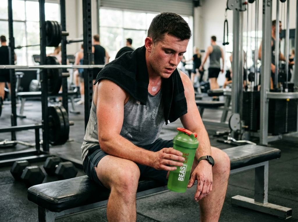 : Tired athlete sitting on a gym bench with a towel around his neck, holding a green Beast Life shaker bottle.
