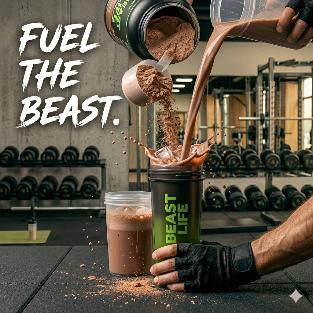Chocolate protein powder and milk pouring into a Beast Life shaker with the text Fuel The Beast.